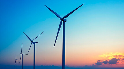Wind turbines creating renewable power, silhouetted against a colorful blue and orange sky at sunset. Clean energy concept