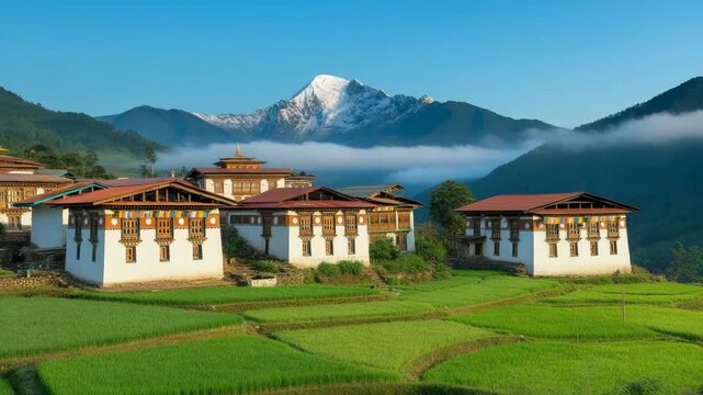 Picturesque view of bhutanese architecture nestled in a lush green valley
