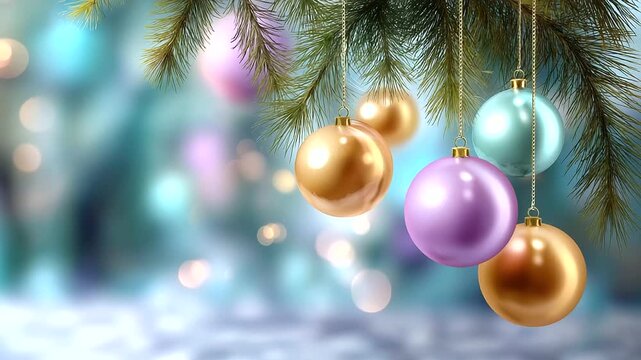Defocused seamless pastel vector pattern of soft Christmas ornaments and blurred fir branches creating gentle bokeh effect, cozy winter tone, with copy space.
