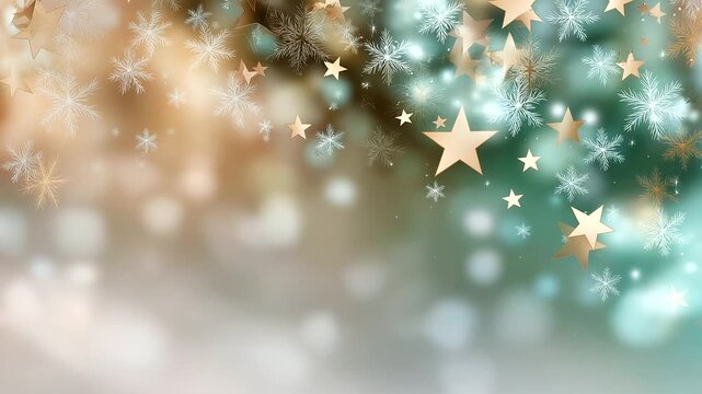 Faceless vector illustration of snowflakes and stars in muted beige and mint tones, softly blurred edges for dreamy holiday feel, with copy space.