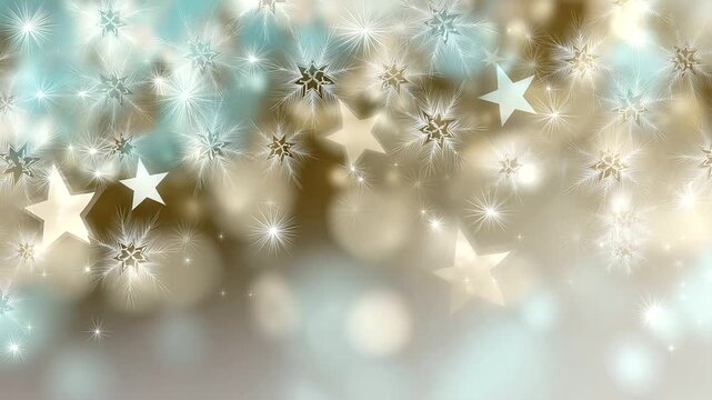 Faceless vector illustration of snowflakes and stars in muted beige and mint tones, softly blurred edges for dreamy holiday feel, with copy space.