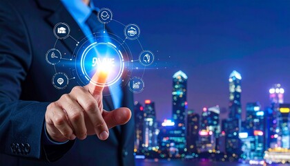 Dynamic businessman taps online network interface to connect globally with a stunning cityscape view, conveying innovation, modernity, and cutting-edge technology