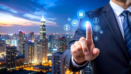 Dynamic businessman tapping futuristic interface with city skyline, unlocking global connections and innovative business solutions in the digital age