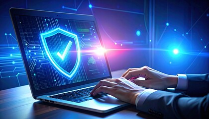 Cybersecurity professional ensuring data protection with modern laptop and glowing shield, demonstrating network safety, online security, and cutting-edge technology