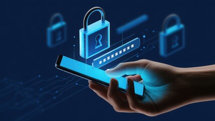 An image depicting the concept of cybersecurity. Hand holding a mobile phone with a digital lock and password security features