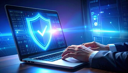 Secure digital world with advanced cybersecurity protection on laptop, empowering safe online business transactions with encrypted data and confidential privacy