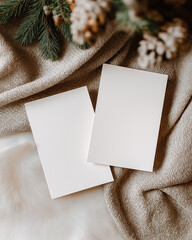 Blank Christmas cards mockup on cozy winter fabrics, creating a festive holiday stationery flat lay for invitations