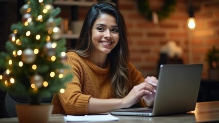 Hispanic woman typing on laptop beside a small decorated christmas tree in cozy office lighting smiling at camera in a warm festive workspace. - Powered by Adobe