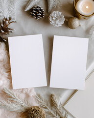 Two blank cards on a cozy background with festive decor, creating a winter holiday invitation or greeting mockup
