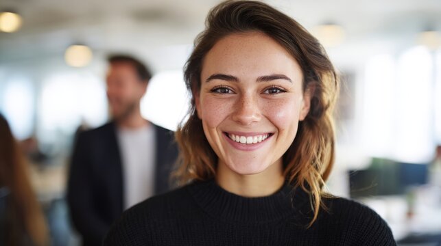 A smiling young woman with long, wavy brown hair and bright eyes, exuding positivity in a modern office environment.