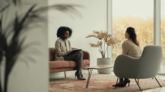 Professional counselor providing confidential mental health support to an employee in a calm and private workspace.