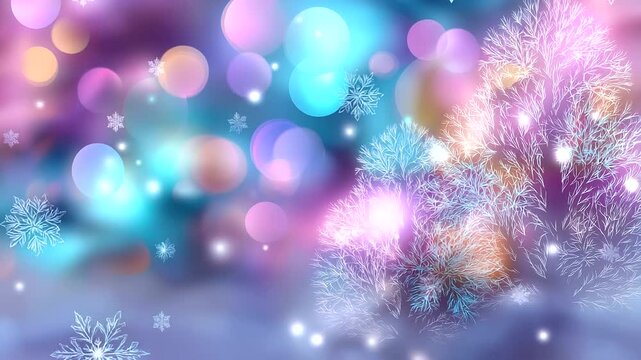 Defocused pastel pattern with glowing orbs, snowflakes, and stylized tree shapes, abstract vector concept of winter light, with copy space.