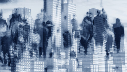 Double Exposure of Business People and City Skyline Symbolizing Urban Life and Growth
