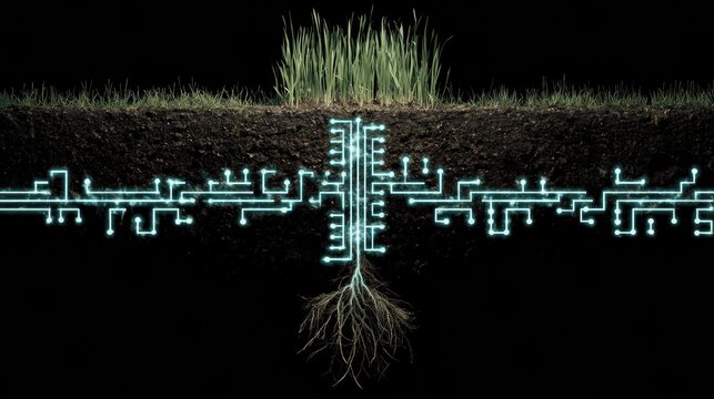 Innovative Plant With Glowing Digital Circuit Roots Illustrating the Future of Green Technology and Sustainability