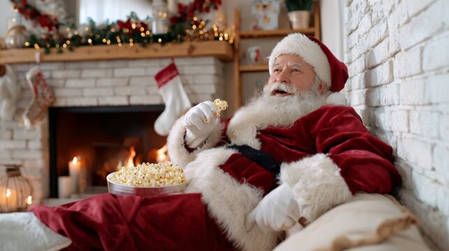 Jolly Santa Claus enjoying popcorn by the cozy fireplace in a festive living room, embodying holiday cheer and warmth.