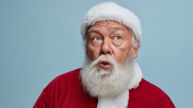 Santa Claus, an elderly Caucasian man with a full beard, looks surprised against a light blue background.