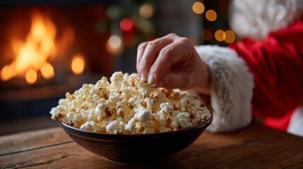 A festive hand reaching for popcorn from a bowl, with a cozy fireplace and Christmas decorations in the background.