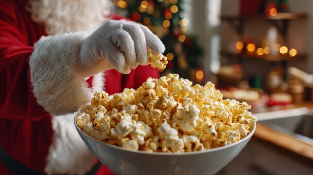 A festive Santa in a red suit and white gloves joyfully reaches into a large bowl of popcorn, surrounded by Christmas lights.