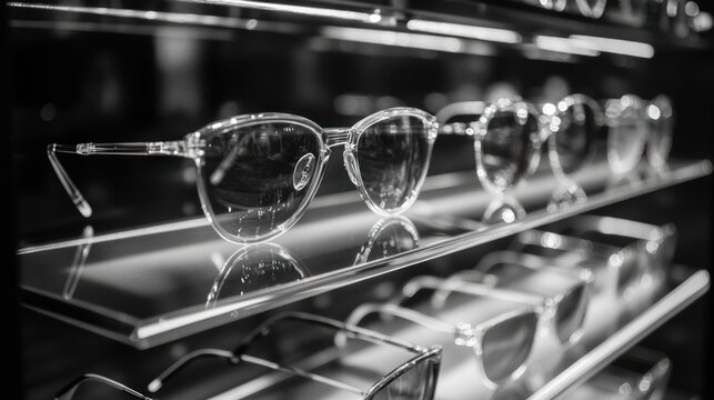 Clear Eyewear Displayed on Shelves in Black and White
