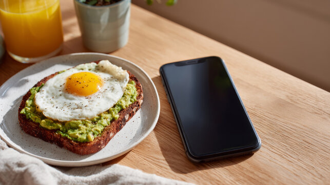 A delicious breakfast featuring avocado toast topped with a sunny-side-up egg, paired with a smartphone displaying morning notifications.