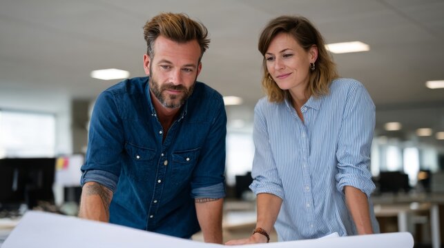 A focused Caucasian man and woman reviewing blueprints in a modern office, showcasing teamwork and creative collaboration.