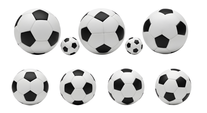 Soccer balls in multiple sizes Collection of soccer balls in various sizes arranged in studio lighting