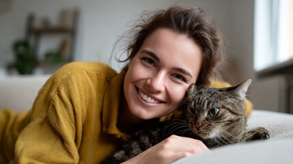 Smiling young woman with shoulder-length hair embraces her adorable tabby cat at home, radiating warmth and joy.