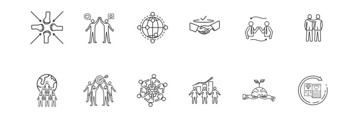 social capital icon collection includes participation, engagement, network, trust, reciprocity, sense of belonging, citizenship, common purpose, social support system with thin lines.