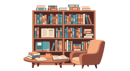 Fototapeta premium Cozy Reading Nook With Bookshelf Armchair And Table Filled With Books And Coffee