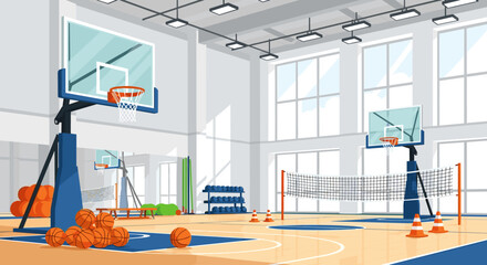 Naklejka premium Indoor Basketball Court with Volleyball Net and Equipment Ready for Game Day Activity