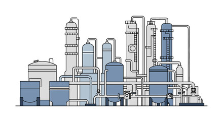Naklejka premium Industrial Chemical Plant Facility Complex Manufacturing Process Towers and Tanks Isolated on White Background