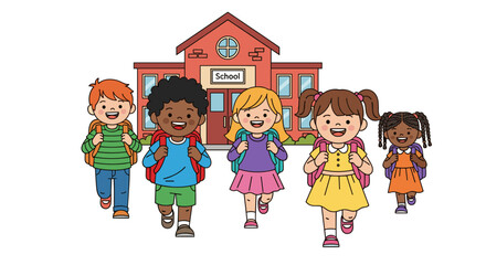 Diverse group of happy children with backpacks running towards school cartoon illustration isolated on white background