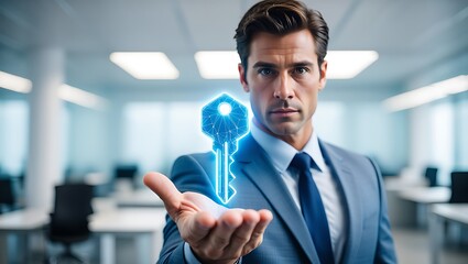 Handsome businessman offers digital key to success in modern office space