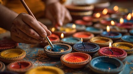 Painting diyas for diwali celebration with a paintbrush and colorful paints on a decorated surface - Powered by Adobe