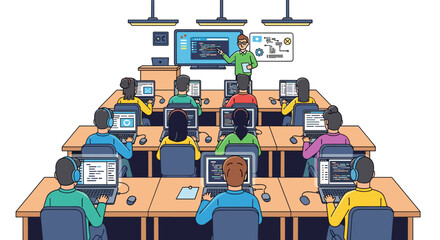 Diverse students learning computer programming coding in modern classroom setting with instructor