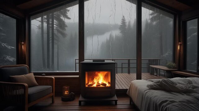 Cozy Living Room Interior with Burning Fireplace and Rainy Evening View of a Bay Villa through the Window