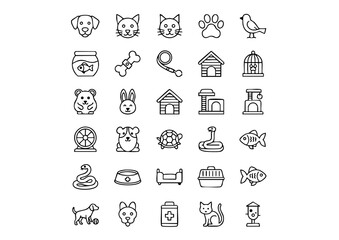 Vector Black & White Pet Icon Collection, 25 Unique Animal and Pet Care Line Art Icons, Monochrome Domestic Animal Graphics Set