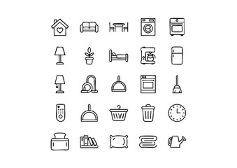 Vector Black & White Household Icon Collection, 25 Unique Home and Domestic Line Art Icons, Monochrome Household Appliance and Furniture Elements