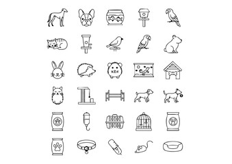 Vector Black & White Pet Icon Collection, 25 Unique Animal and Pet Care Line Art Icons, Monochrome Domestic Animal Graphics Set