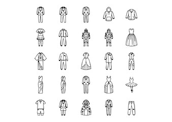Vector Black & White Outfit Icon Collection, 25 Unique Apparel Line Art Icons, Monochrome Clothing Design Elements