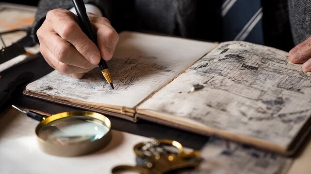Forensic expert meticulously documenting evidence notes and sketches in a notebook during an active legal investigation.