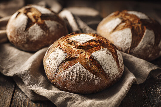 Crusty round artisan bread boules dusted with flour