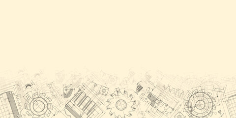 Mechanical engineering drawings on sepia background. Cutting tools, milling cutter. Technical Design. Cover. Blueprint. Horizontal seamless pattern. Vector illustration.