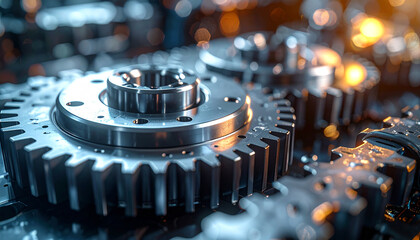 Mechanical Harmony: Intricate gears interlock in a display of industrial precision and technological marvel, the polished metal surfaces reflecting light and the essence of mechanics.