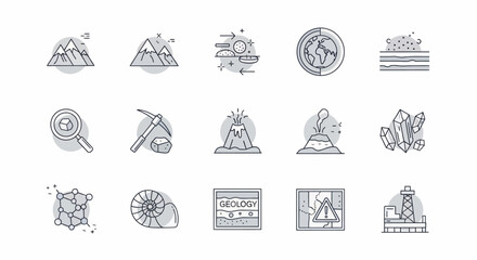 Collection of Geology and Earth Science Icons Representing Natural Phenomena.