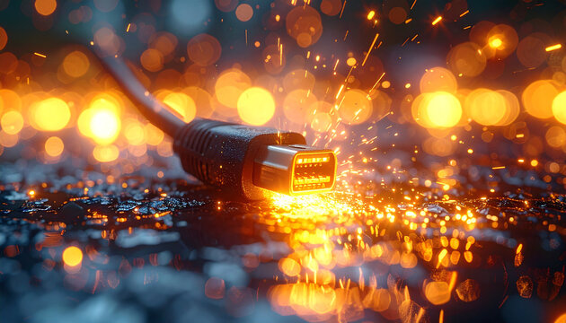 HDMI Cable in Action: A dynamic close-up reveals an HDMI cable sparking with electricity, its connection points illuminated against a backdrop of glowing bokeh.