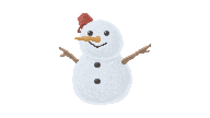 Pixel Art Snowman with Red Bucket Hat - Cheerful 8-Bit Snowman Icon Wearing a Red Bucket - Retro Game Winter Character with Red Headwear