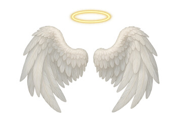 Obraz premium Glowing golden halo and elegant white angel wings isolated on transparent background symbolizing purity and divinity