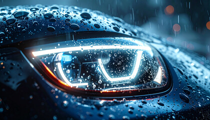 Headlight's Glow: A sleek and modern car headlight illuminates the darkness with its brilliant glow, while rain gently caresses the car's surface. A symphony of automotive artistry.