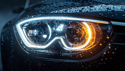 Illuminated Car Headlight in the Rain: A striking close-up of a sleek car headlight, illuminated by bright lights, during a rain shower. The wet surface adds a layer of depth and visual interest.